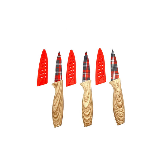 3-Piece Festive Holiday Paring Knife Set with Blade Guards, Gingham