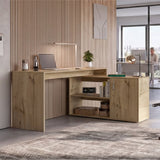 Tuhome Axis Modern L-Shaped Computer Desk with Spacious Work Surface, Open Shelving, Closed Storage Cabinet with Interior Shelves, Contemporary Corner Desk for Home Office Organization and Efficient Work-From-Home Setups