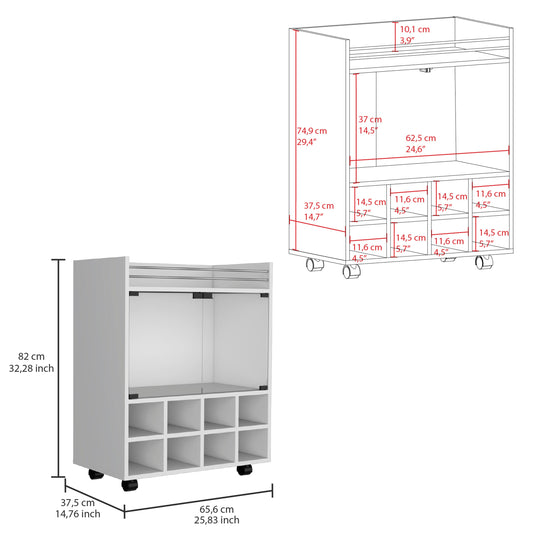 TUHOME St Andrews Bar Cart with Built-In 8-Bottle Rack, Double Glass Door Cabinet, Aluminum-Edged Top Surface and Caster Wheels Offering Modern Mobile Entertainment Storage and Elegant Organization for Hosting Spaces
