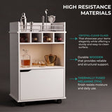 Phoenix Bar Cart with Two Open Shelves, Four Wine Cubbies and a Hinged-Door Storage Cabinet, Modern Mobile Serving Cart for Home Entertaining with Multi-Level Organization and Convenient Space-Saving Design