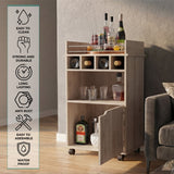 Phoenix Bar Cart with Two Open Shelves, Four Wine Cubbies and a Hinged-Door Storage Cabinet, Modern Mobile Serving Cart for Home Entertaining with Multi-Level Organization and Convenient Space-Saving Design