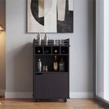 Phoenix Bar Cart with Two Open Shelves, Four Wine Cubbies and a Hinged-Door Storage Cabinet, Modern Mobile Serving Cart for Home Entertaining with Multi-Level Organization and Convenient Space-Saving Design