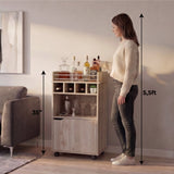 Phoenix Bar Cart with Two Open Shelves, Four Wine Cubbies and a Hinged-Door Storage Cabinet, Modern Mobile Serving Cart for Home Entertaining with Multi-Level Organization and Convenient Space-Saving Design