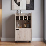 Phoenix Bar Cart with Two Open Shelves, Four Wine Cubbies and a Hinged-Door Storage Cabinet, Modern Mobile Serving Cart for Home Entertaining with Multi-Level Organization and Convenient Space-Saving Design