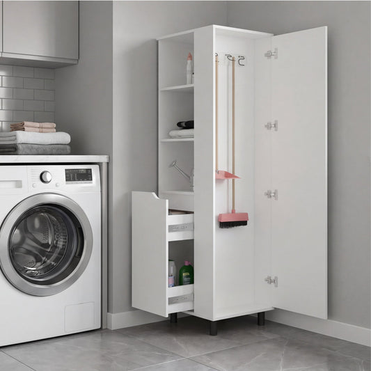 Vidalia Broom Cabinet for Home and Utility Storage, Tall Cleaning Supply Organizer with Enclosed Design for Laundry Room or Kitchen Use, Space-Saving Storage Solution, White Finish