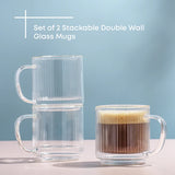 Haven Fluted Stackable Double Wall Glass Mugs, 13.5 oz