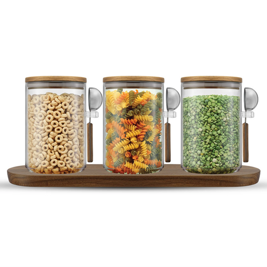 Holden Stackable Glass Storage Canister Set with Wood Lids and Tray