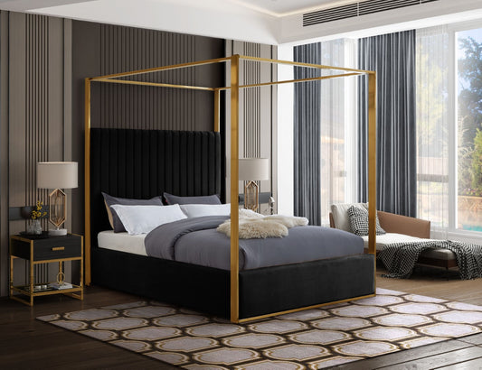 Jones Velvet Canopy Bed with Elegant Channel Tufting and Brushed Brass Frame for Luxurious Comfort
