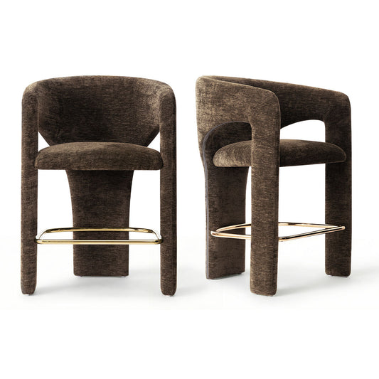 Khloe 24.5" Modern Gold Chenille Counter Stool with Arms (Set of 2)