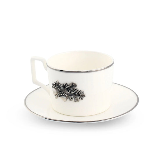Acorn Oak Leaf Bone China Cup and Saucer Platinum Rim