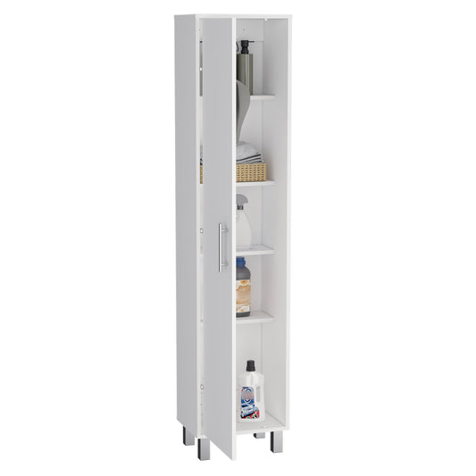 Tuhome Laska 70" Tall Storage Cabinet with Wide Door, Four Interior Shelves, Integrated Broom Hangers, Metal Handle and Sturdy Legs, Space-Saving Multi-Purpose Broom Closet for Home Organization