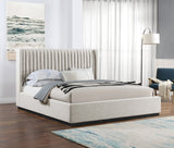 Logan Linen Textured Fabric Bed with Tall Channel Tufted Headboard and Modern Wingback Design