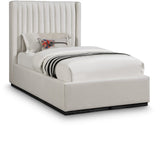 Logan Linen Textured Fabric Bed with Tall Channel Tufted Headboard and Modern Wingback Design