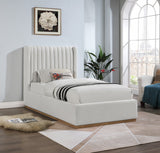 Logan Linen Textured Fabric Bed with Tall Channel Tufted Headboard and Modern Wingback Design