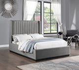 Logan Linen Textured Fabric Bed with Tall Channel Tufted Headboard and Modern Wingback Design