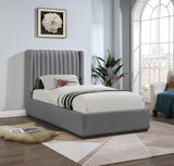 Logan Linen Textured Fabric Bed with Tall Channel Tufted Headboard and Modern Wingback Design
