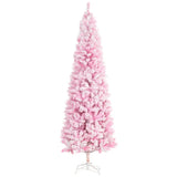 HOMCOM 7.5ft Tall Unlit Snow Flocked Artificial Christmas Tree Slim Pencil Xmas Tree with Pine Shape and Realistic Branches, Pink