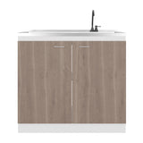 Napoles Utility Sink with Faucet Inclued and Integrated Steel Counter top, Freestanding cabinet with two doors, Metal Handles and Two interior shelves.