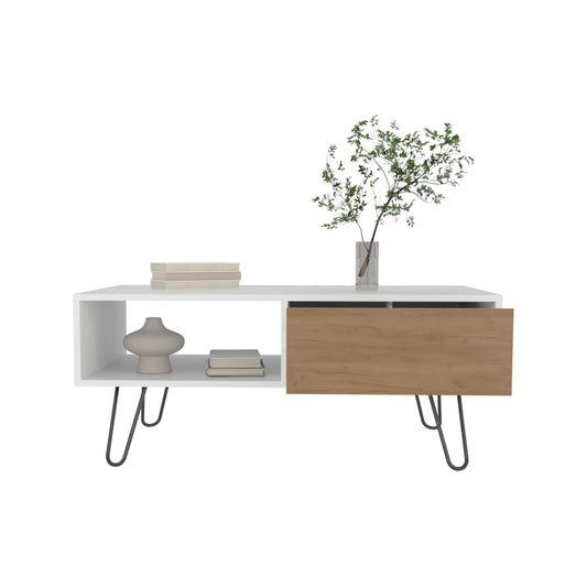TUHOME Tori 39" Wide Modern Coffee Table with Full-Extension Drawer, Open Lower Shelf, Slanted Metal Legs, Rectangular Living Room Center Table with Smart Storage and Contemporary Design for Homes and Apartments