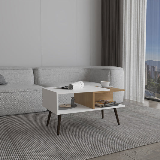 Aranjuez 29" Wide Modern Coffee Table with Three Open Shelves, Rectangular Living Room Center Table with Metal Legs, Contemporary Storage Table for Books, Decor, Electronics and Everyday Use