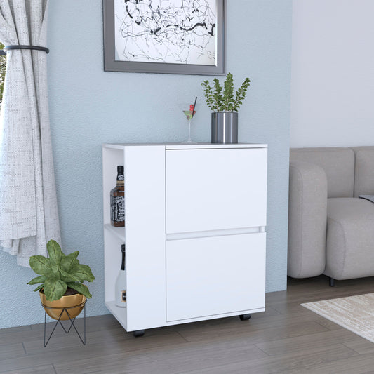 Glasgow Bar Cart with Two Pull-Down Door Cabinets, Two Open Shelves, Smooth Rolling Wheels with Brake System, Compact Mobile Serving Cart for Home Entertaining, Kitchen Storage and Living Room Organization