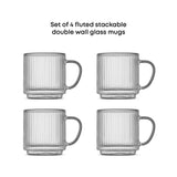 Haven Fluted Stackable Double Wall Glass Mugs, Set of 4, 5.5oz