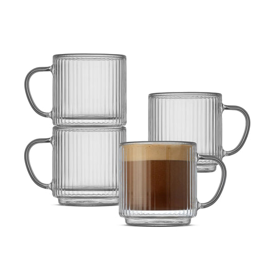 Haven Fluted Stackable Double Wall Glass Mugs, Set of 4, 5.5oz