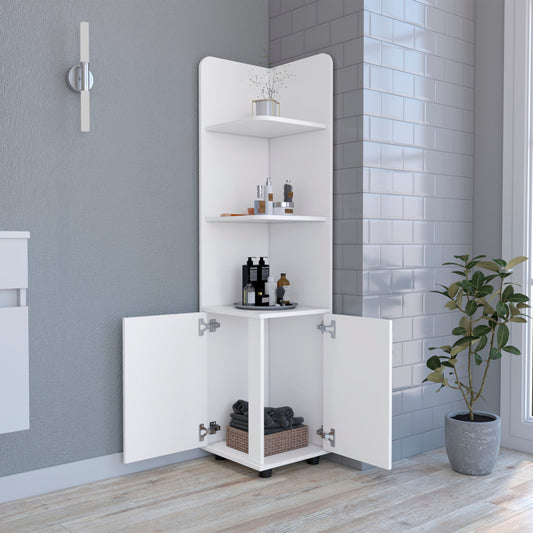 Tuhome Malibu 62" Tall Double Door Corner Linen Cabinet with Four Spacious Shelves, Freestanding Vertical Storage Tower for Towels Toiletries and Bathroom Essentials, Modern Space-Saving Organizer Unit
