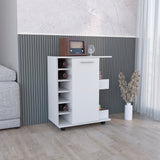 Lothian Bar Cart with Single-Door Cabinet, Two Side Storage Shelves, Built-In Six-Bottle Wine Rack and Smooth-Rolling Casters for Mobile Entertaining, Organized Beverage Service and Stylish Home Bar Functionality