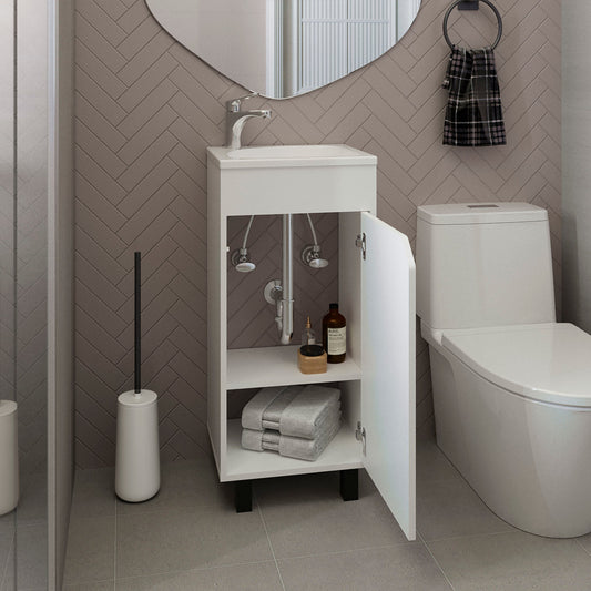 Bethel Free-Standing Bathroom Vanity Cabinet with Integrated Resin Sink Basin, One Access Door and Two Interior Shelves, Functional Storage for Toiletries, Compact Design for Small Bathrooms or Powder Rooms