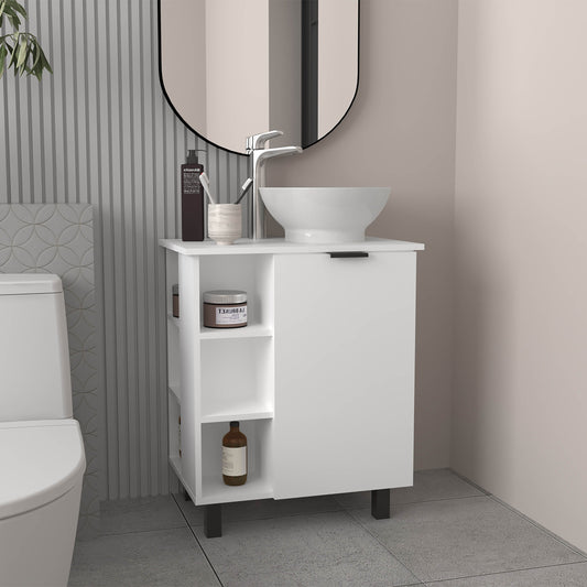 Allegra Vessel Sink Vanity with One Door Storage and Open Shelves Freestanding Bathroom Cabinet Compact Modern Vessel Basin Organizer Small Space Storage Solution