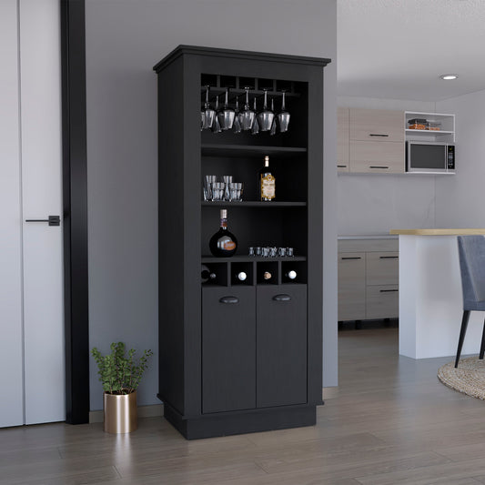 TUHOME Lafayette Bar Cabinet with 4-Bottle Rack, Upper Glass Holder for Ten Glasses and Dual Door Storage Offering Modern Entertainment Organization, Multiple Interior Shelves and Durable Construction for Home Hosting Spaces