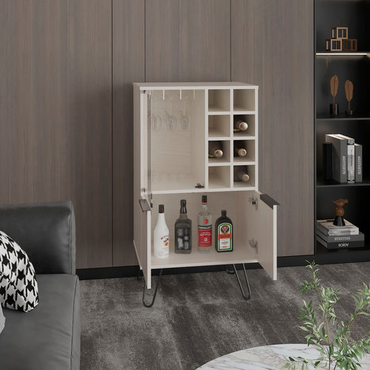 TUHOME Aster Bar Cabinet with Double Doors, Glass Display Compartment, Eight Bottle Cubbies and Stemware Storage, Versatile Organization for Dining or Living Spaces, Modern Design Ideal for Entertaining and Everyday Home Use