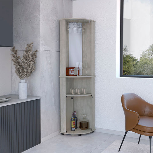 TUHOME Chicago Mirrored Corner Bar Cabinet with Double Glass Doors, Stemware Rack, Two Open Shelves and Space-Saving Triangular Design, Elegant Vertical Liquor Storage Solution for Living Rooms and Home Entertainment Areas