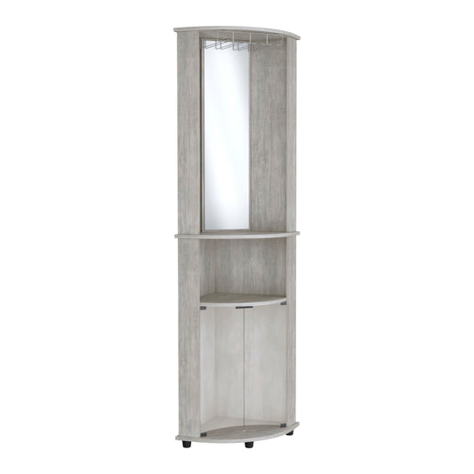 TUHOME Chicago Mirrored Corner Bar Cabinet with Double Glass Doors, Stemware Rack, Two Open Shelves and Space-Saving Triangular Design, Elegant Vertical Liquor Storage Solution for Living Rooms and Home Entertainment Areas
