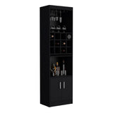 Kevil 71-Inch Tall Bar Cabinet with Pull-Out Tray, 12-Bottle Wine Cubbies, Glass Holder Stemware Rack, Multi-Tier Shelves, Liquor Storage, Adjustable Compartments and Modern Freestanding Design for Home Entertainment