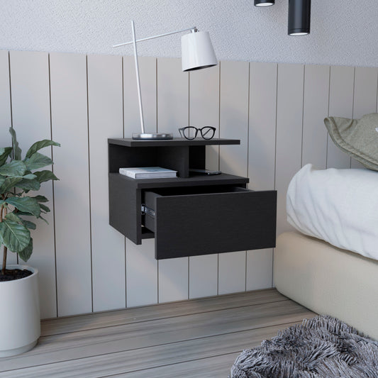 Tuhome Adele Floating Nightstand with One Drawer and Two Lower Shelves, Wall-Mounted Bedside Storage Solution for Compact Bedrooms, Modern Space-Saving Design with Hidden Storage and Display Area for Daily Essentials