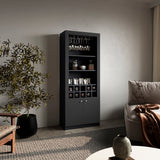 Nero 74-Inch Tall Bar Cabinet with Glass Holder Stemware Rack, 4 Shelves, 10-Bottle Wine Cubbies and Multi-Use Storage, Modern Liquor Cabinet and Home Bar Unit for Organized Display and Sophisticated Entertainment