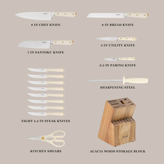 Martha Stewart 16 Piece Lockton High Carbon Stainless Steel Cutlery Kitchen Knife Block Set W/ ABS Tripe Riveted Forged Handle Acacia Wood Block