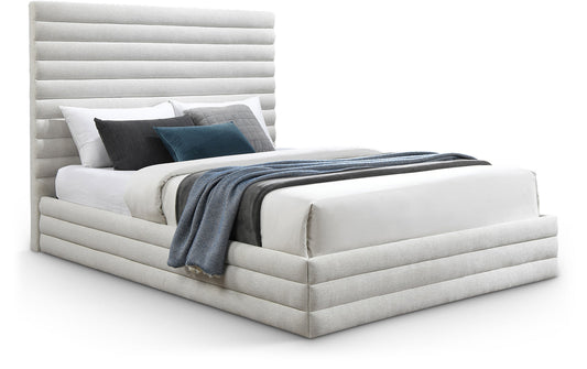 Maxwell Contemporary Bed – Luxurious Cream Linen Texture with Deep Channel Tufting for Elegance