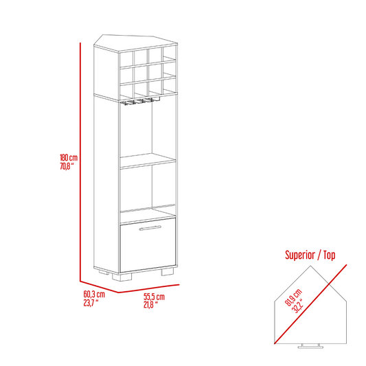 TUHOME Marsella Corner Bar Cabinet, Home Bar Furniture with Eight Built-In Wine Rack, Cup Rack, Drawer Storage and Two Side Shelves, Space-Saving Corner Cabinet for Modern Entertainment Areas