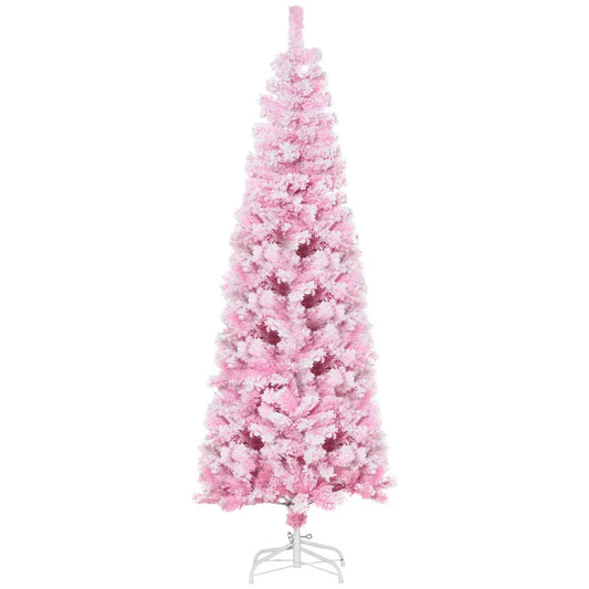 HOMCOM 6ft Tall Unlit Snow Flocked Artificial Christmas Tree Slim Pencil Xmas Tree with Pine Shape and Realistic Branches, Pink