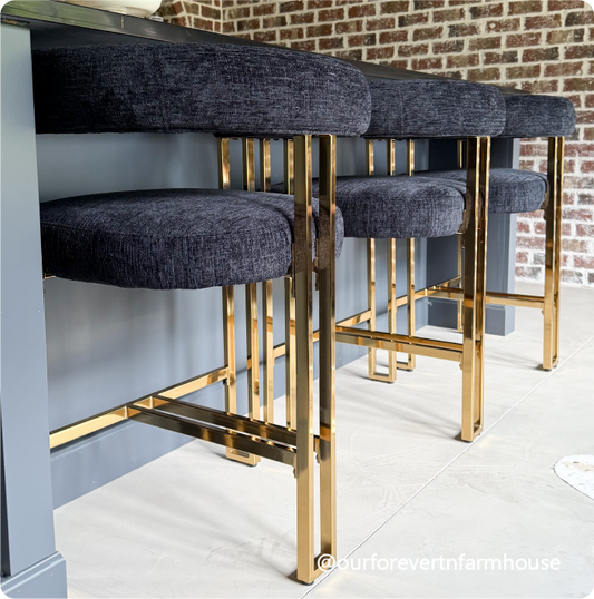 Mia 24" Modern Gold Chenille Counter Stool with Arms (Set of 3)