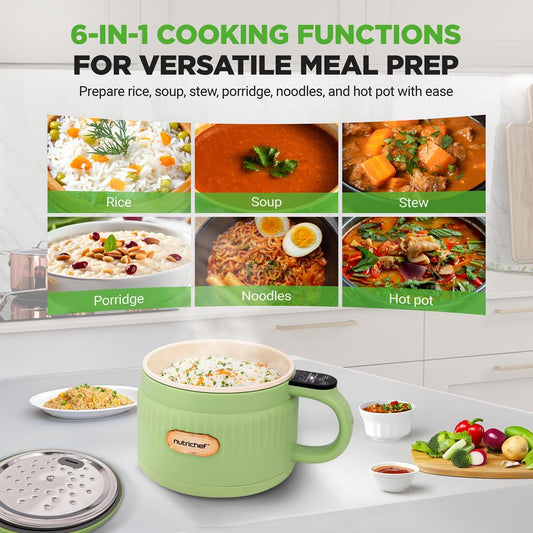 1.6L Portable Electric Rice Cooker, Multi-Functional With Non-Stick Ceramic Coating, Digital Control Panel, 6 Optional Functions, Anti-Burn Dry, Automatic Power-Off (Green)