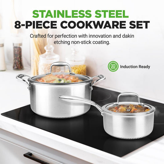 Kitchenware Pots & Pans Set - Triply Stainless Steel Cookware, Non-Stick Coating Inside And Outside (8-Piece Set)