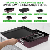 8Pcs. Stackable Carbon Steel Bakeware Sets - Non-Stick Coating, Bake Tray Sheet Bakeware Set (Purple)