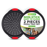 2-Pc. Non-Stick Pizza Tray With Silicone Handle - Round Steel Non-Stick Pan With Perforated Holes