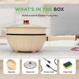 Multifunctional Electric Frying Pan - Non-Stick Pan With Durable Handle, 4L Large Capacity + 4L Steamer, 1000W, Designed With Control Panel, 3 Pin Us Plug (White)