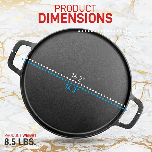 14'' Cast Iron Pizza/Baking Pan - Steel Pizza Cooker With Easy Grip Handles, Deep Stone For Oven Or Griddle For Gas, Induction, Grilling, & Oven, Includes 2 Silicone Handles