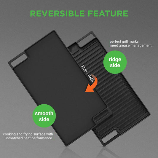 Kitchen Flat Grill Plate Pan - Reversible Cast Iron Griddle / Grilling Pan With Heat-Resistant Oven Grab Mitt